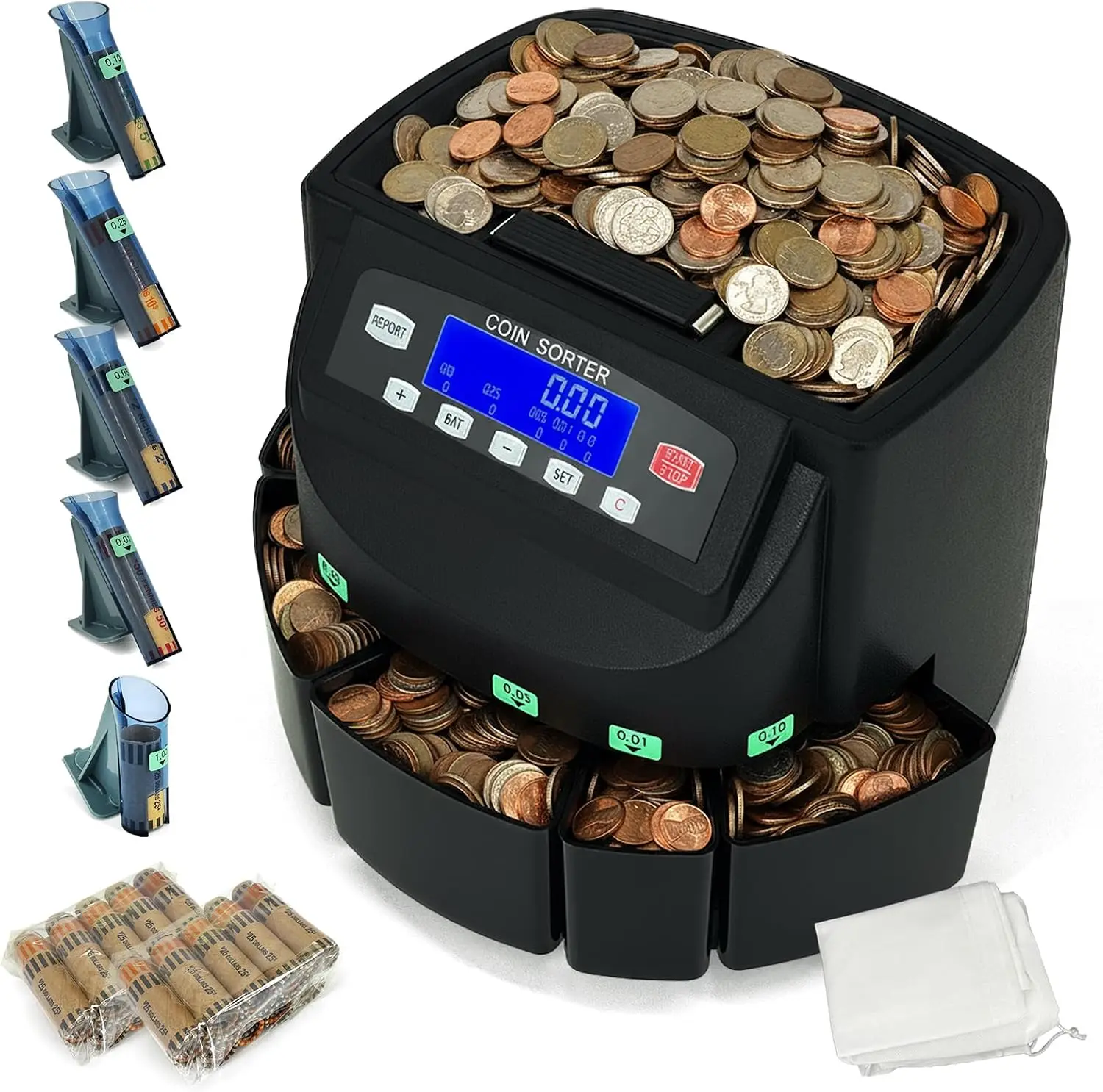 USD Coin Counter Machine with LCD Display,Coin Sorter and Wrapper Machine,Sorts 1￠5￠10￠25￠$1 up to 300 Coins/min,2000-coin Capacity,Business Grade,5 Bins&5 Tubes,Automatic Wrapper (Matte Black)