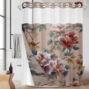1pc 2D Flat Printing hookless shower curtain hanger liner Peony Floral Wallpaper Fabric waterproof lining shower curtain with transparent window, double-layer shower curtain, 71 x 74 inches, modern home Bathroom curtain decoration, Flowers