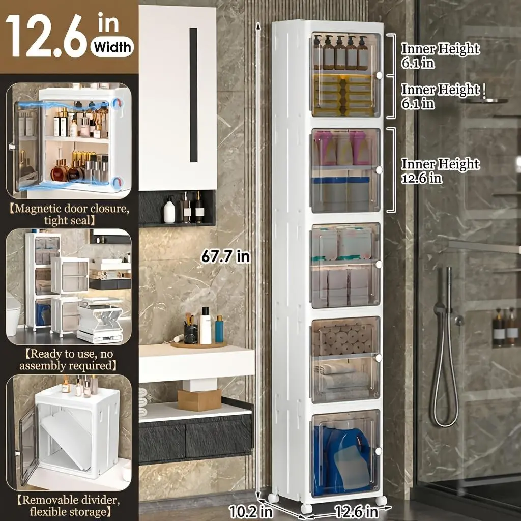 Naviconvex Modern Multi-Layer Slim Profile Storage Cabinet, 8.7/12.6 Freestanding Organizer with Hidden Doors, 2-5 Tier Narrow Space Solution for Bathroom, Kitchen, Modern Storage Cabinet, Multi Layer Cabinet