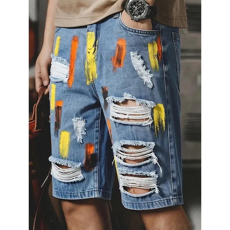 Men's High Cotton Graffiti Print Ripped Distressed Denim Shorts, Y2K Streetwear Painted Summer Jean Shorts, High Street Fashion