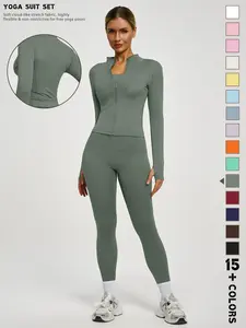 Women's New Solid Color Simple Fashion High-End Long Sleeve Quick-Dry Sports Set, Yoga Suit Set, Yoga Essential Jacket, High Elasticity Elastic Tight Yoga Pants, Fitness Activewear