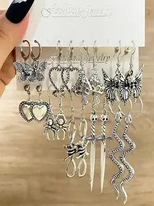 Butterfly, Heart, Mushroom, Snake, Texture Metal Design Dangle Earrings (9 Pairs), Casual Alloy Jewelry for Women & Girls, Style for Party, Daily Clothing Decor, Birthday Gift