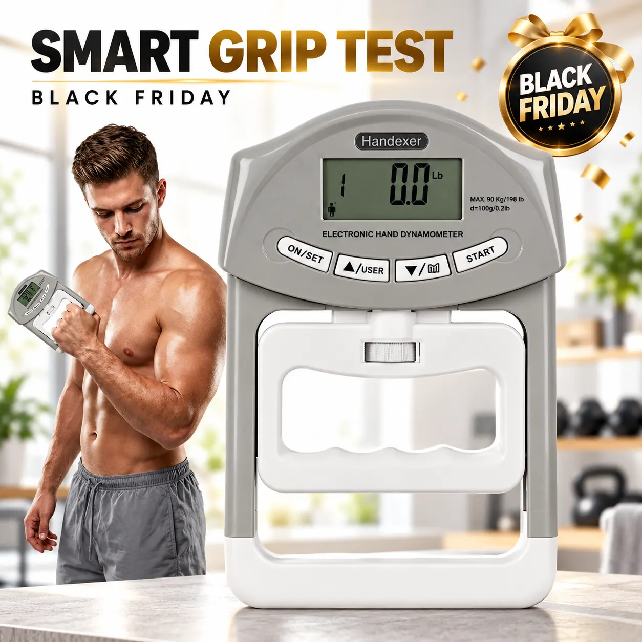 Handexer Digital Hand Dynamometer - 198 lbs Fitness Exercise Equipment, Bionic Design, Large Easy-to-Read LCD, Adjustable Unisex Grip Training Aids for Athletes, Physical Therapy, Home Gym, Black Friday & Cyber Monday