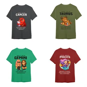Funny Zodiac Cartoon Crewneck T-Shirt for Women, Astrology Sign Gift, Cute Horoscope Pullover for Black, Military Green, Irish Green, Maroon
