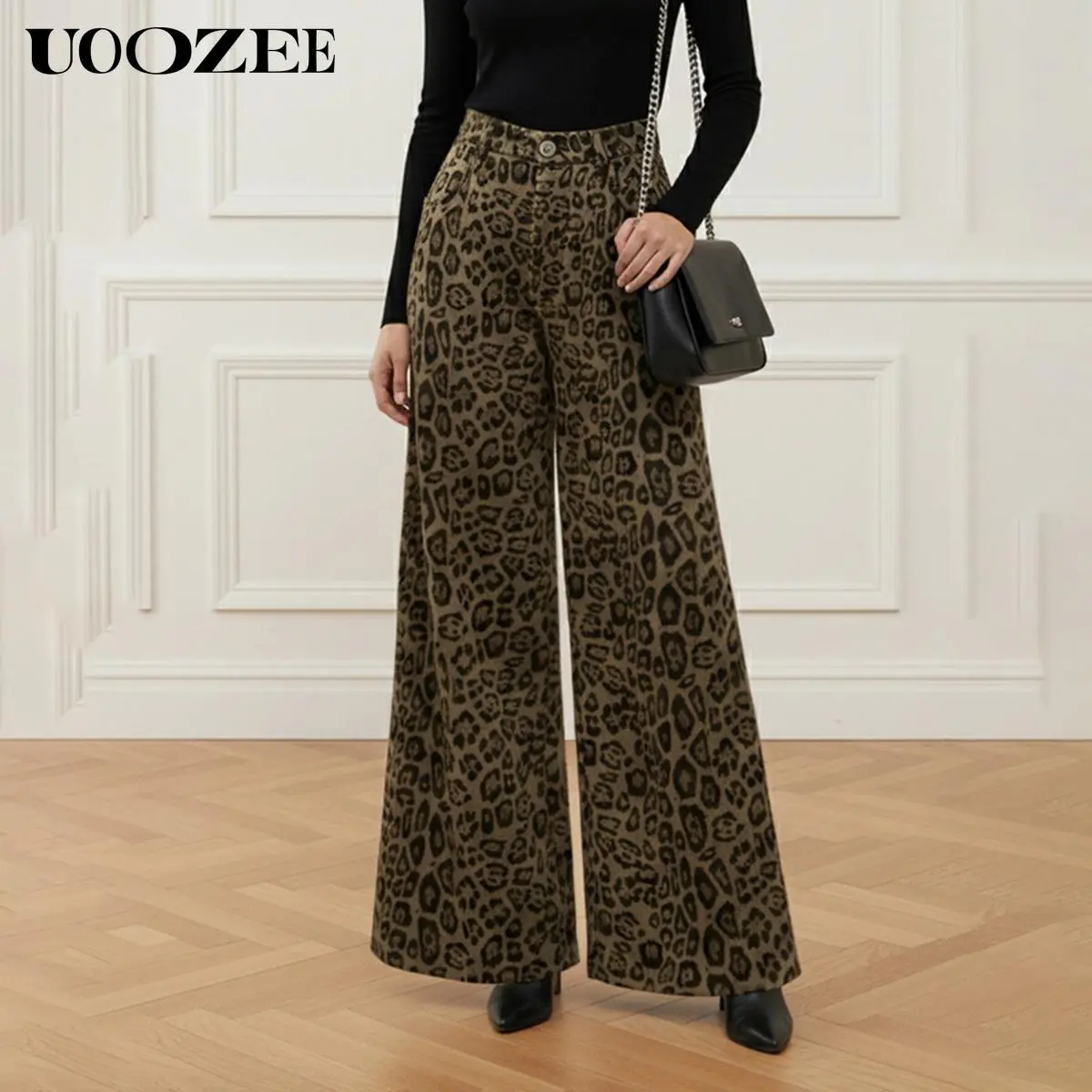 UOOZEE Women's Retro Leopard Print Faux Suede Pants, High-Waisted Wide-Leg Fit with Pockets for Office & Casual Wear, Bottoms, Strappy, Silk