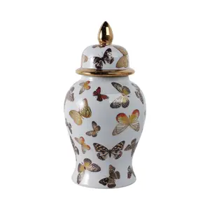 212 MAIN Ceramic Multi-Color Butterfly Temple Jar Canister (14x7 in.) - Artwork Design for Home Decor Shelf Styling, Home Supplies Vase & Fillers Accessory