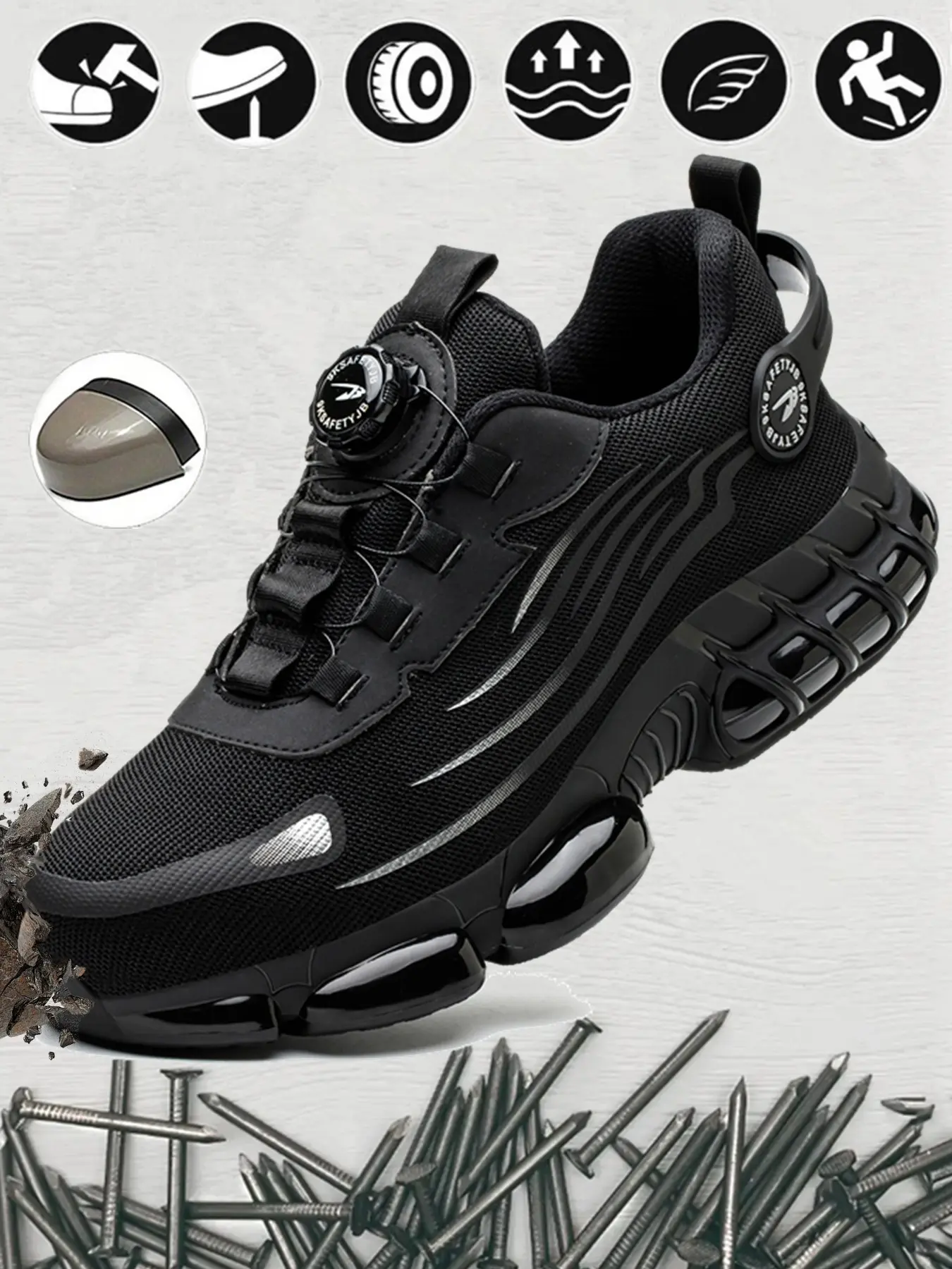 Men's Safety Shoes Size 40-48, One-Touch Fastening, Steel Toe Cap, Kevlar Anti-Puncture, Lightweight Breathable, Steel Toe Trainers, Workwear Shoes, Ideal for Construction and Warehouse Work