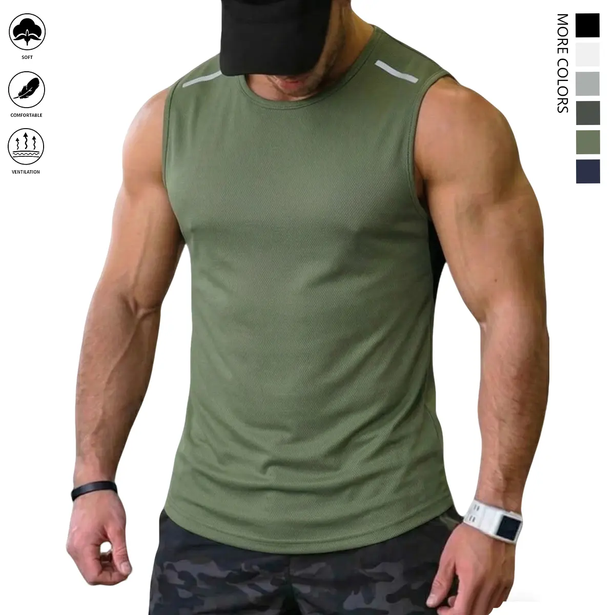 Men's Sleeveless Quick-Dry Lightweight Breathable Athleisure Sports Vest, Fitted Athletic Running Gym Training Activewear with Reflective Shoulders, Athleisure Men's Sports Vest, Fitted Athletic Men's Sports Vest