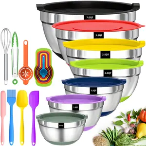Mixing Bowls with Airtight Lids, 20pcs Stainless Steel Nesting Colorful Mixing Bowls Set Non-slip Silicone Bottom, Size 7, 5.5, 4, 3.5, 2.5, 2, 1.5 qt, Fit for Mixing & Serving