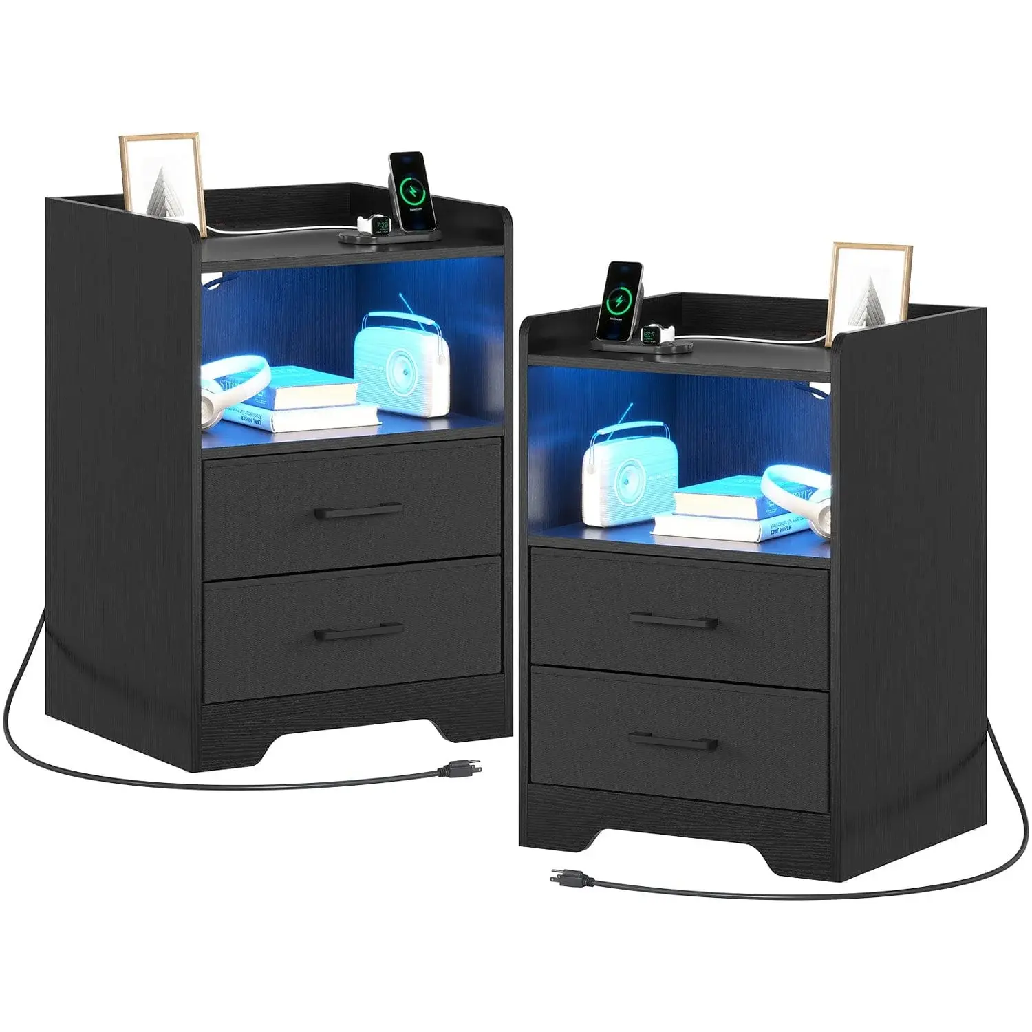 Sikaic 2PCS Modern Black Wood LED Nightstands with 2 Storage Drawers, Built-in Charging Station, Multi-Mode LED Lights, Vanity with Lights Bedside Table Vanity Desk