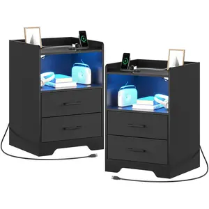 Sikaic 2PCS LED Nightstands with 2 Storage Drawers Black Modern Wood Bedside Table Vanity Desk Design with Built-in Charging Station & Multiple Modes LED Lights