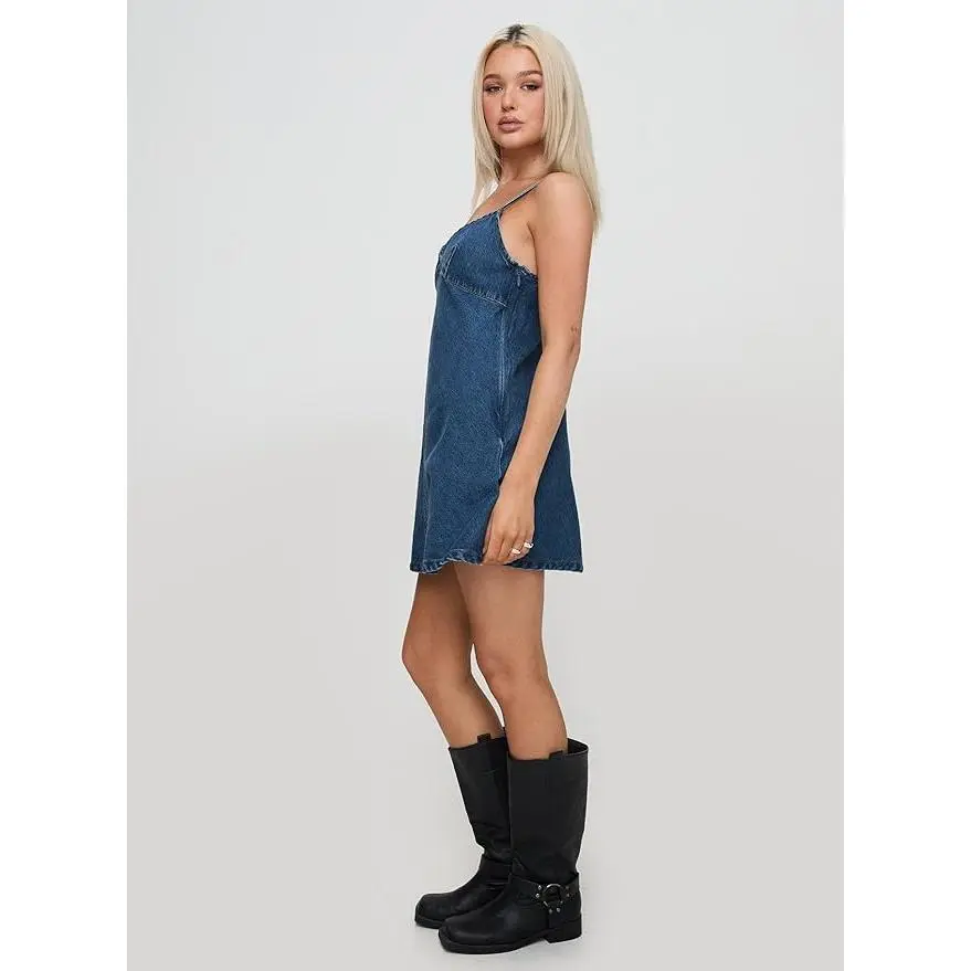 princess polly denim dress pleated hem strapless denim dress Dark Wash / MEDIUM