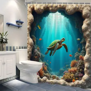 1pc Vibrant Coral Reef & Marine Life Design Sea Turtle Underwater Shower Curtain Green Sea Turtle with Sunlight Filtering Ocean Scene Beige Coral Frame Durable Polyester Fabric 7 Hooks Included
