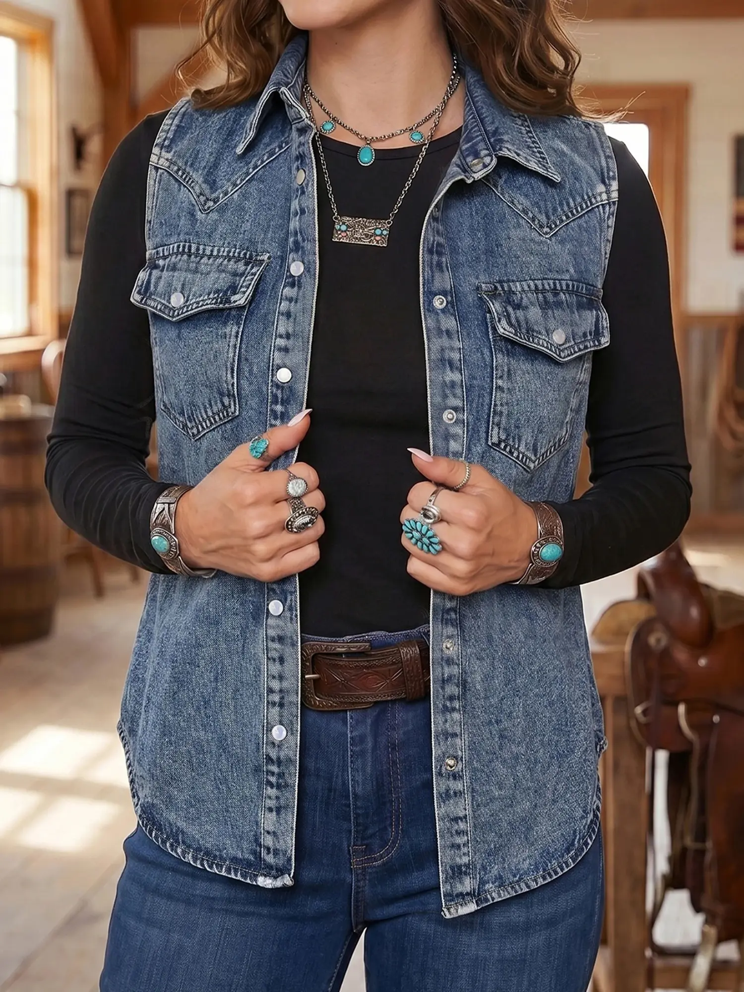 Women’s Western Denim Vest, Sleeveless Button Front Cowboy Jacket with Functional Chest Pockets, Durable Casual Layering Top for Spring, Fall, Travel and Everyday Wear,Womenswear, Blue, Fashion, Solid, Style, Basic, Minimalist