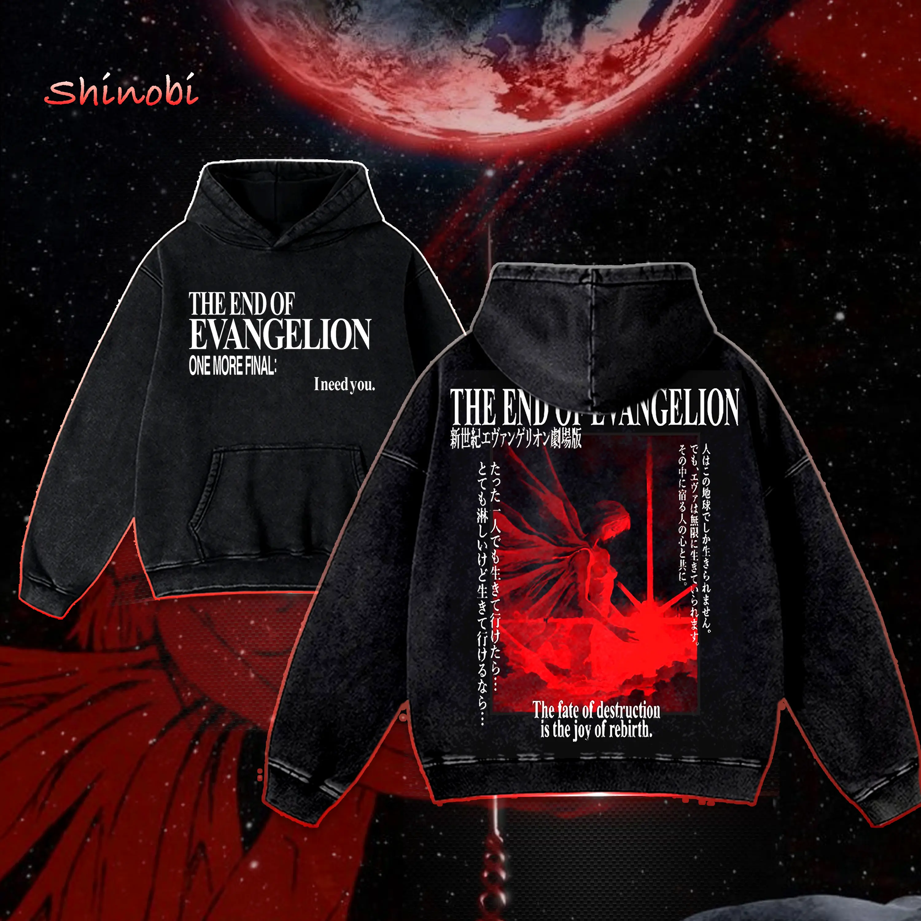 Neon Genesis Evangelion EVA Unit 01 Vintage Washed Oversized Hoodie, Mens Tops, Heavyweight Cotton Fabric, Anime Mecha Graphic Seamless Fit Streetwear Pullover Clothes