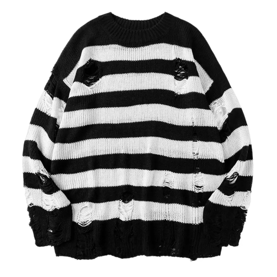 Men's Distressed Striped Sweater, Casual Loose-Fit Knit Pullover with Torn Holes, Long Sleeve Slimming Cut Top, Knitting, Ripped, Round, Sweaters, Casual Wear, Full Sleeves, Acrylic Knit, Pullover Neck, Medium Length, Loose Cut, No