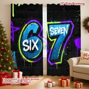 2D Flat Printing 2Pcs The number 67 in neon graffiti Pattern Curtains,,Rod Pocket Curtains Easy To Hang,Semi Blackout Polyester Curtains,Machine Washable,Room Decor Curtain,Suitable for Various Scenarios