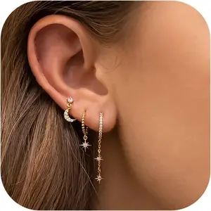 3Pairs Women's 14K Gold Stud Hoop Earrings Set