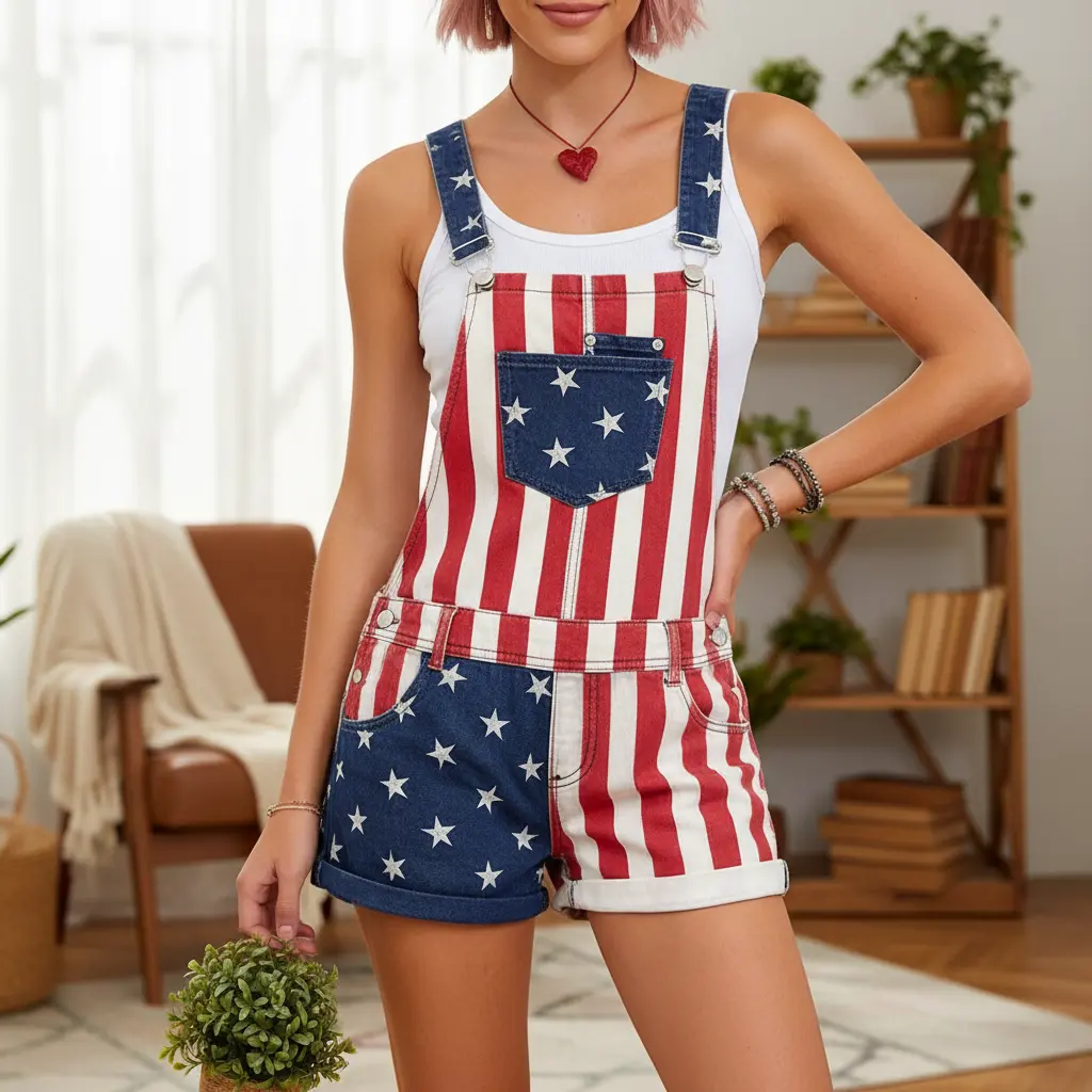 Women American Flag Star Striped Denim Short Overalls, Adjustable Shoulder Strap Rolled Cuff Bib Overall Shorts, Retro USA Patriotic Flag Print Pocket Jean Short Jumpsuit, Loose Fit Casual Summer Rompers for 4th of July Independence Day Beach Picnic Party