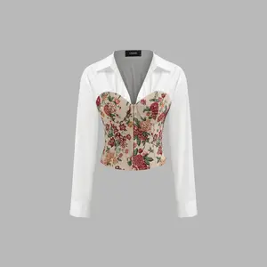 Cider [2 colors, size 2-26] 100% Cotton V-neck Collar Floral Patched Corset Long Sleeve Blouse