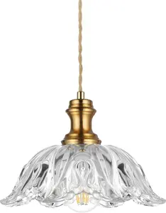 Gold Glass Pendant Lights, 10.6" 1-Light Vintage Hanging Light Fixtures with Flower Clear Glass Antique Brushed Brass Pendant Lighting for Kitchen Island Sink Dining Room