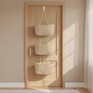 3-Tier Over the Door Hanging Basket, Woven Cotton & Jute Nursery Organizer, Wall-Mounted Storage for Baby Diapers, Toys & Clothes, Decorative Boho Shelf Basket for Nursery Room, Baby Shower Gift for New Parents