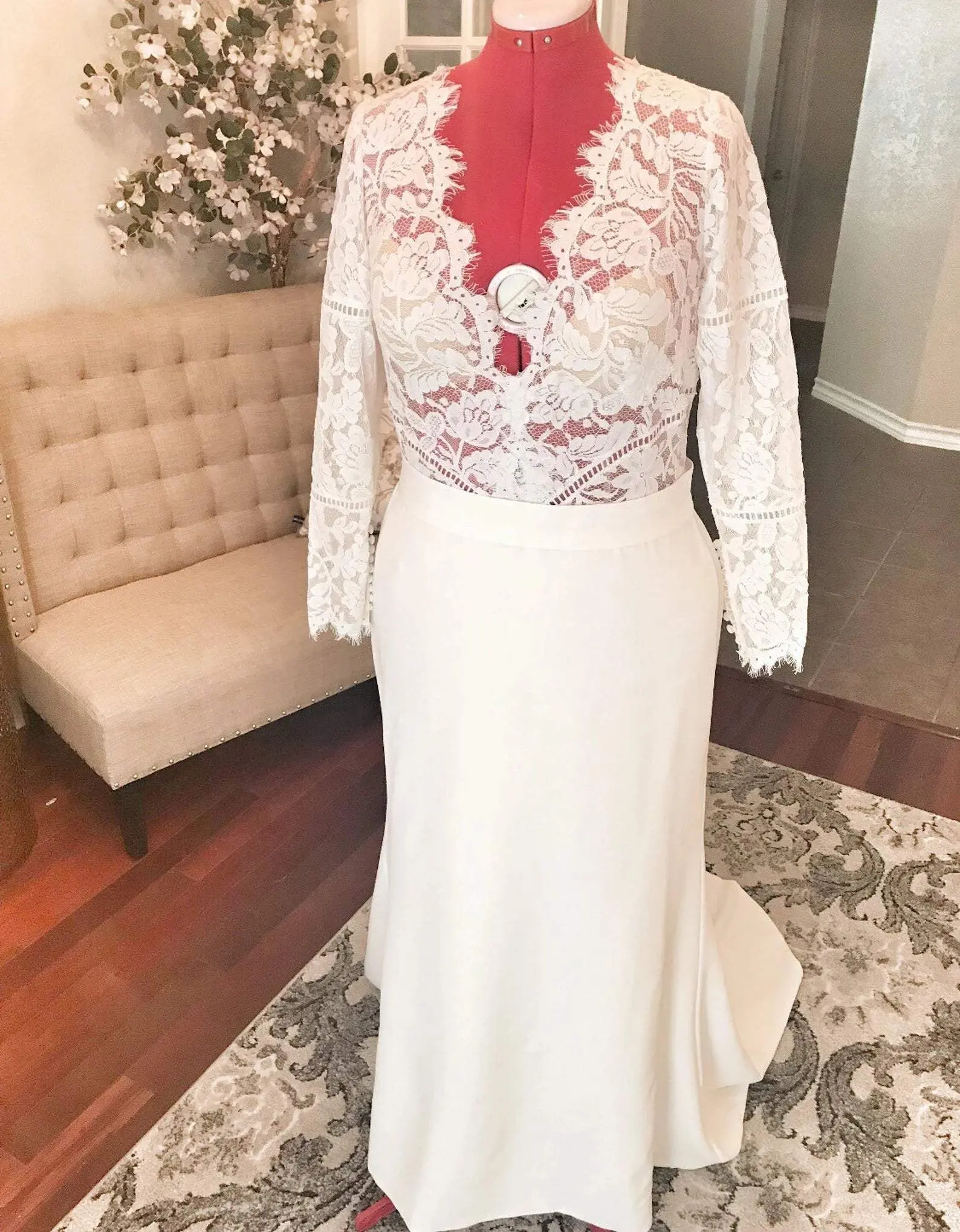 Women's Fitted Full-Length Fit & Flare Wedding Gown - Crepe and Lace Fabric, Long Sleeve, Sheer Bodice, Chapel Train, Zipper Closure, Made to Order