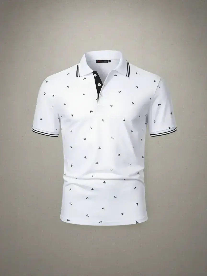 Men's Anchor Print Polo Shirt, Knit Regular Fit Casual Design Short Sleeve Collared Top Printed Polo Top for Summer, Fashion Men's Clothes for Daily Wear, Knitted Polo Shirt