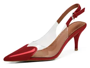 Women's Red & Clear Slingback Kitten Heels - Heart Pointed Toe Party Dress Shoes for Summer Casual Wear