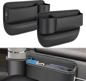 2Pack Car Seat Gap Filler Organizer with Cup Holder, Adjustable Leather Car Side Seat Storage Box, Multifunction Interior Storage Organizer for Phones Keys Glasses Cards, Black