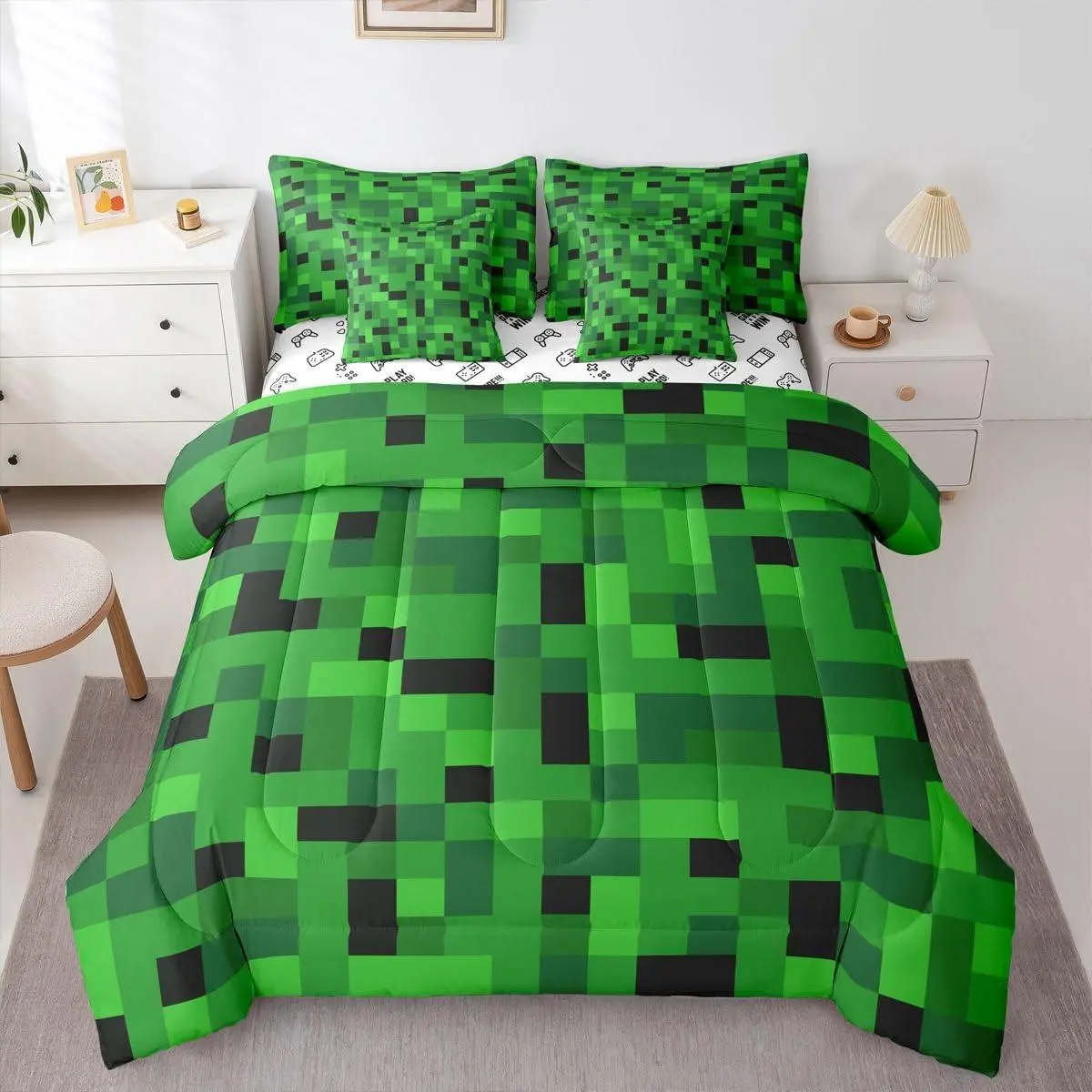 Pixelated Miner Comforter Set 7 Pieces Green Black Video Games Bedding Set Plaid Bed in a Bag with Sheets Modern Art Bedroom Stripe Line Quilted Breathable