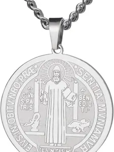 TEAMER Catholic Necklace Seal St Benedict Stainless Steel Pendant St Benedict Jesus Cross Amulet Religious Force Peace Prayer Jewelry For Men Women All Season Wear
