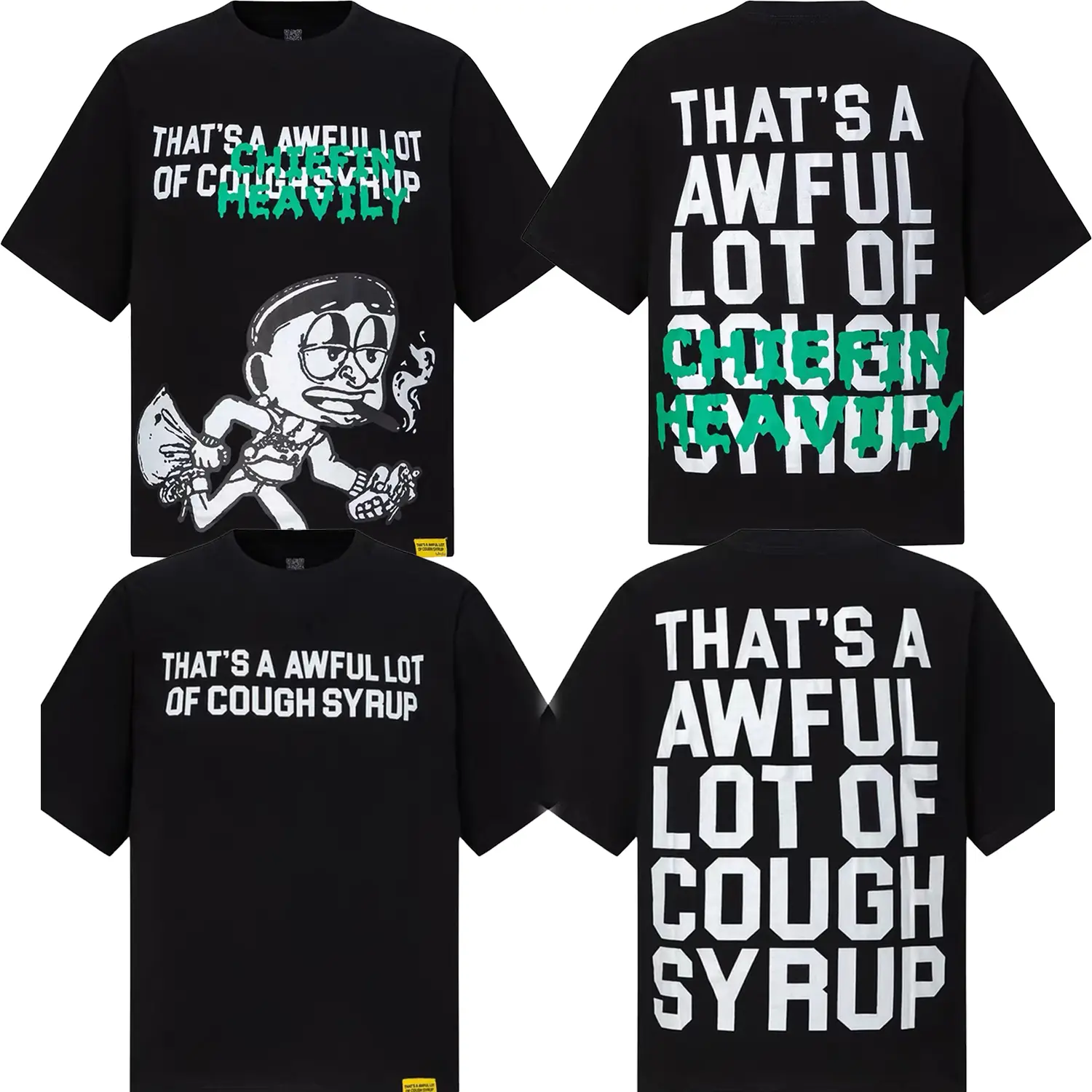 Bold Letter Mosaic Graphic Tee-Oversized Black T-Shirt With 'That's a Awful Lot of Cough Syrup' Patchwork Typography,Unisex Streetwear Statement Tee for Fashion anime oversize stretwear tee classic menswear dad joke appa