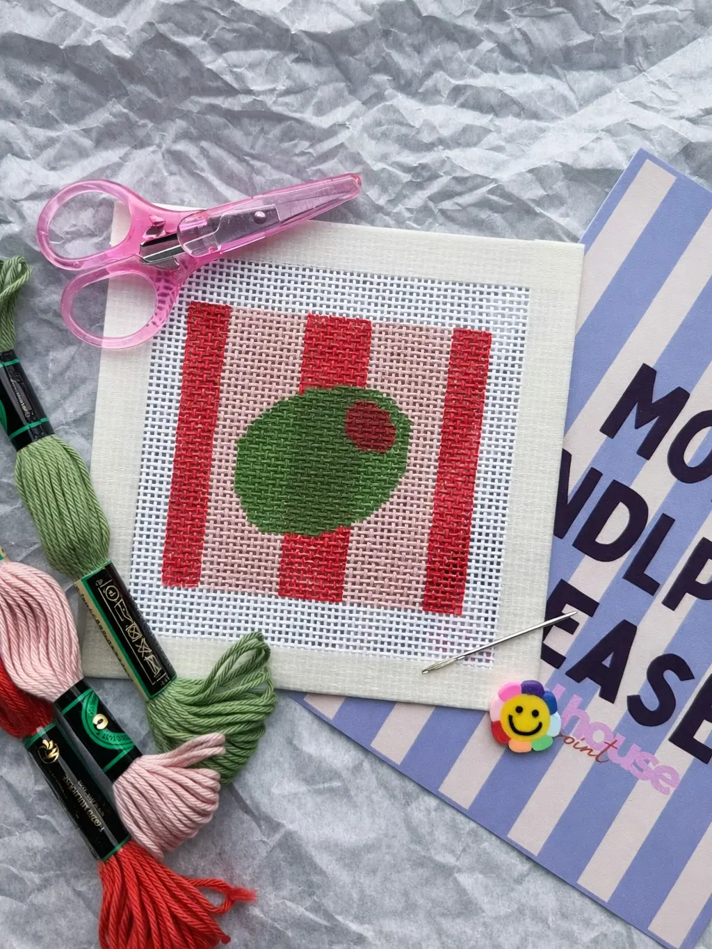 Olive Beginner Needlepoint Kit – Striped olive, Hand-Painted 13 Mesh Canvas, Everything You Need