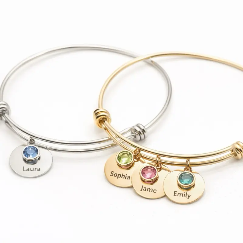 Personalized Birthstone Bracelet for Mom Custom Name & Birthstone Bangle Family Jewelry Gift for Mom Grandma Adjustable Stainless Steel Heart Charm Lightweight Gold