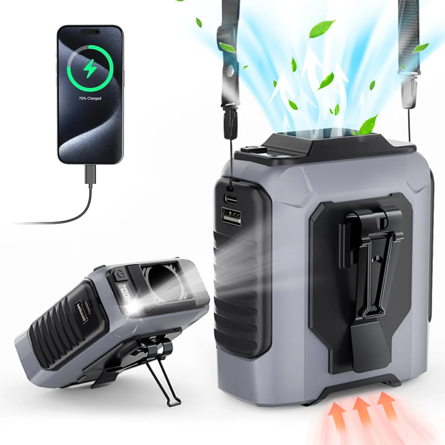 Portable Waist Fan, Rechargeable Waist Clip Fan, Personal Cooling Fan with LED Light, Hands-Free Clip Fan Under Shirt for Camping, Outdoor, Jobsite, Travel, Summer Gift for Men