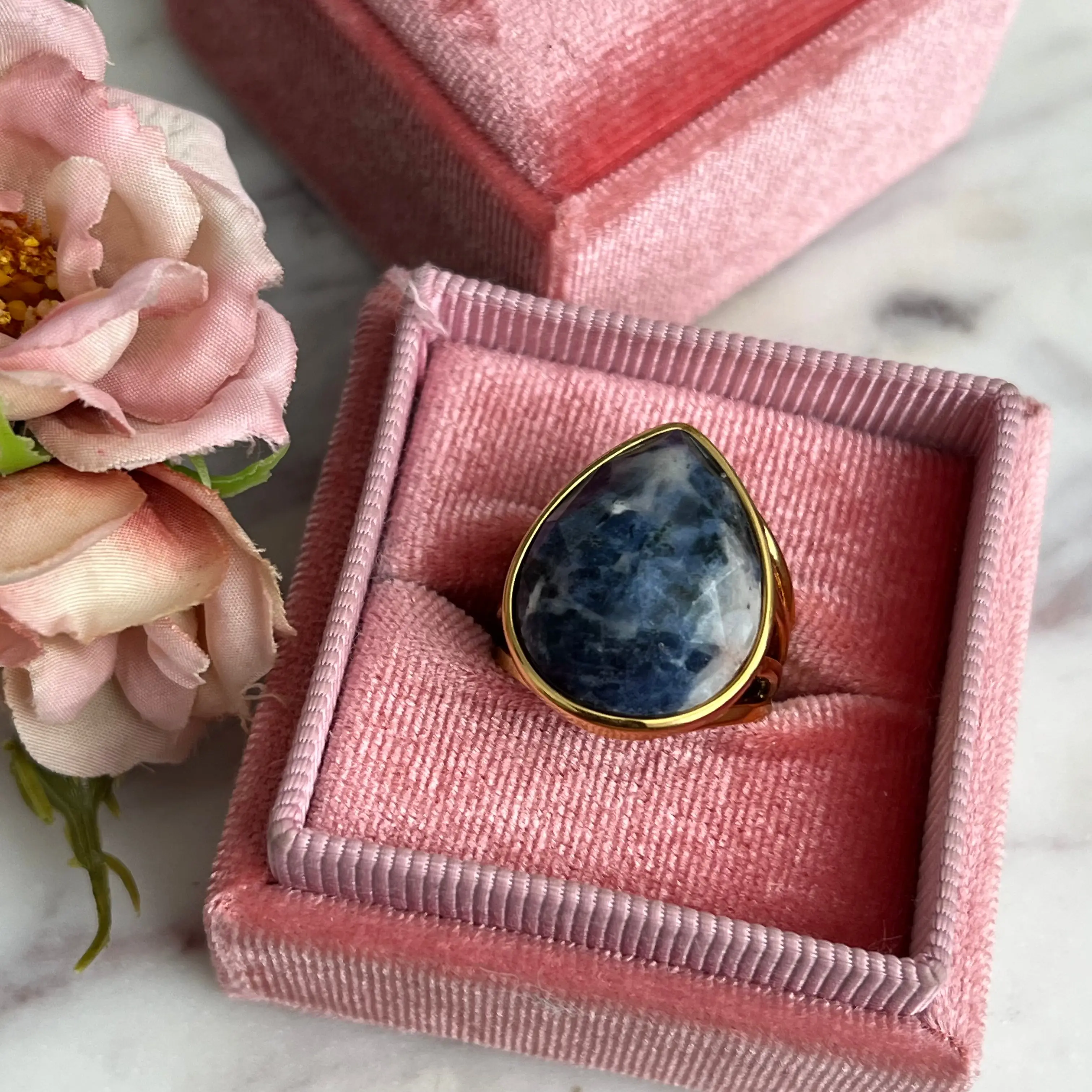 Chunky Statement Natural Sodalita Gemstone Ring - Adjustable Daily Wear Costume Jewelry, Beautiful Rings, Stress Relief Jewelry That Promotes Rational Thought