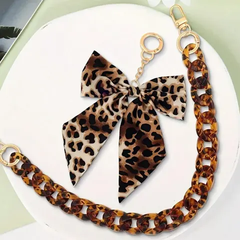Leopard Print Chunky Chain Strap, Leopard Print Handbag Charm With Bow Keychain Pendant, Purse Charms For Handbags, Large Gold Acrylic Flat Chain Decor, Detachable & Connectable Purse, Tote, Wallet Chain Accessory For Women