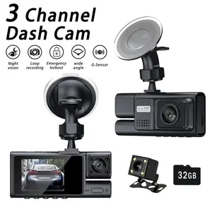 3 Channel Car Dash Cam, Car DVR with Front & Rear & Interior Camera, 1080P Full HD Car Video Surveillance with Night Vision & G-sensor & Loop Recording