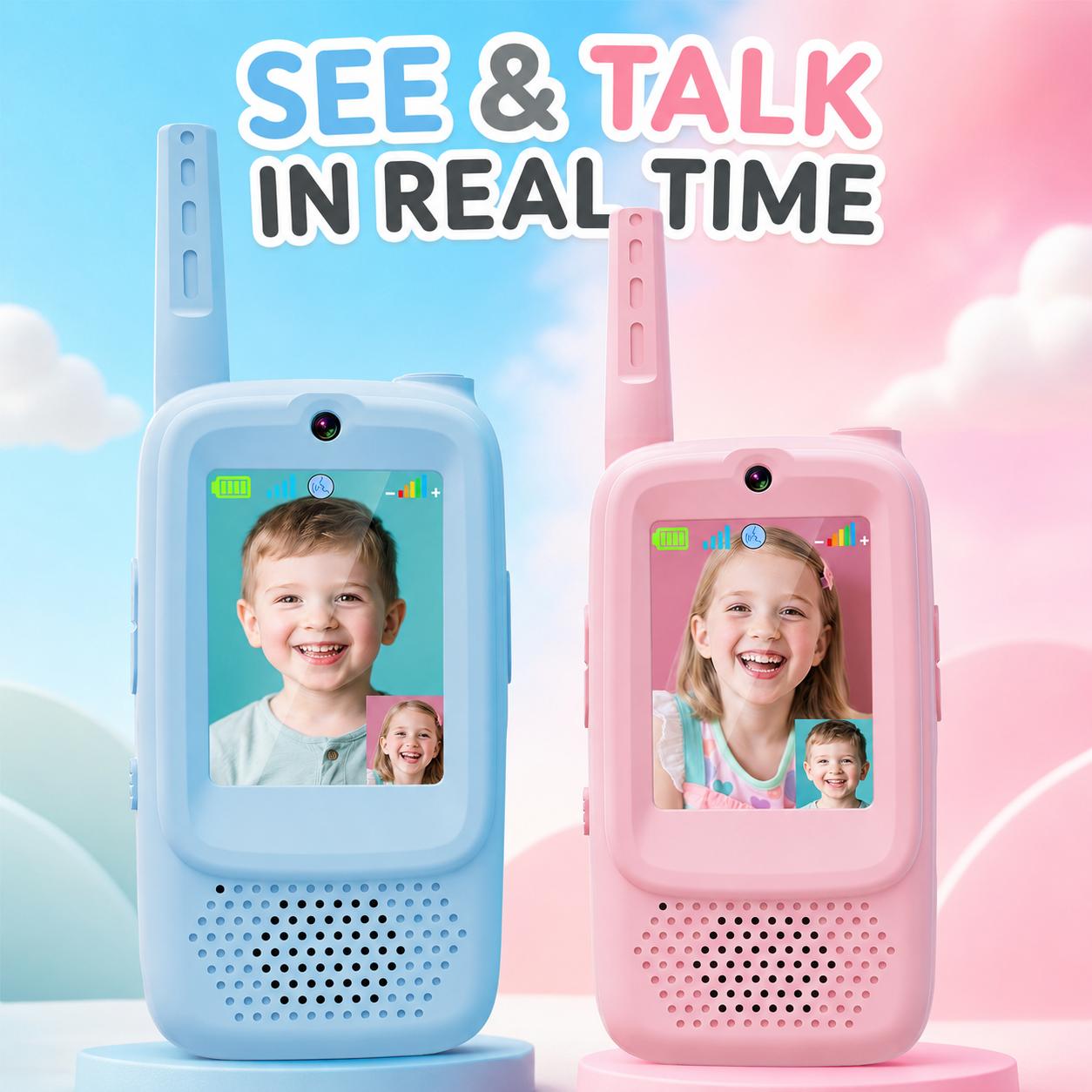 Careenoah Kids Video Walkie Talkies 2 Pack, Rechargeable Video Call Toys with Voice Changer, 1000FT Outdoor Range, Blue & Pink, Ages 3-10