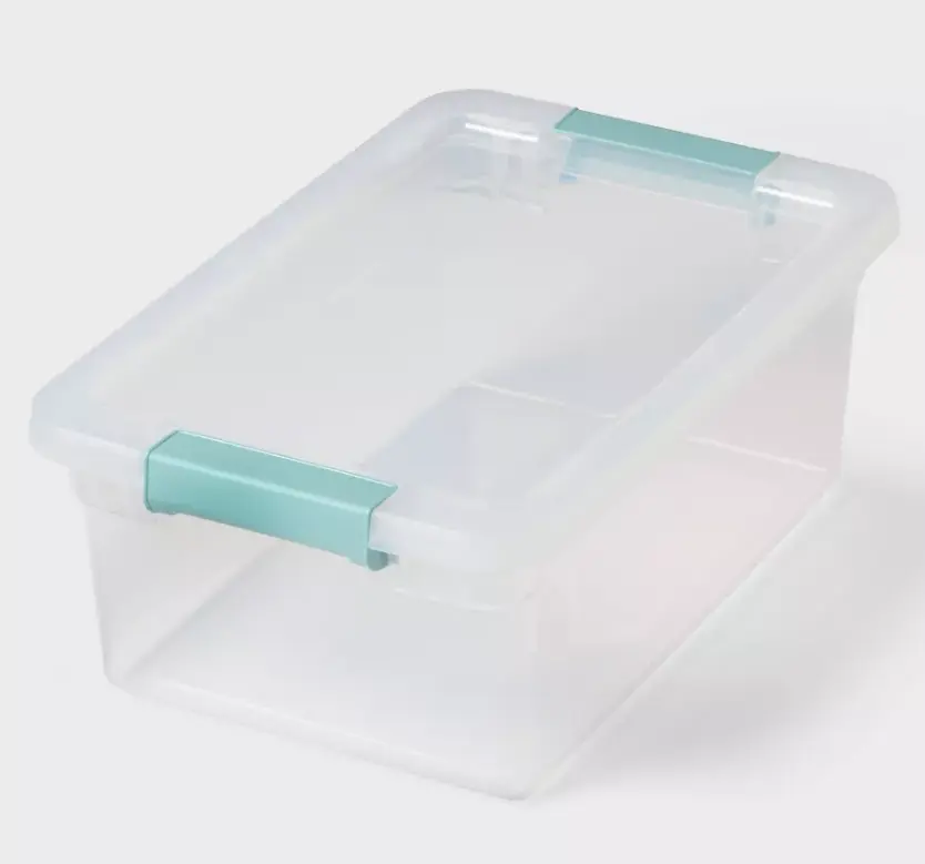 15 Qt Clear Plastic Latching Storage Bin - Stackable Utility Container with Secure Side Latches for Closet, Garage Organization