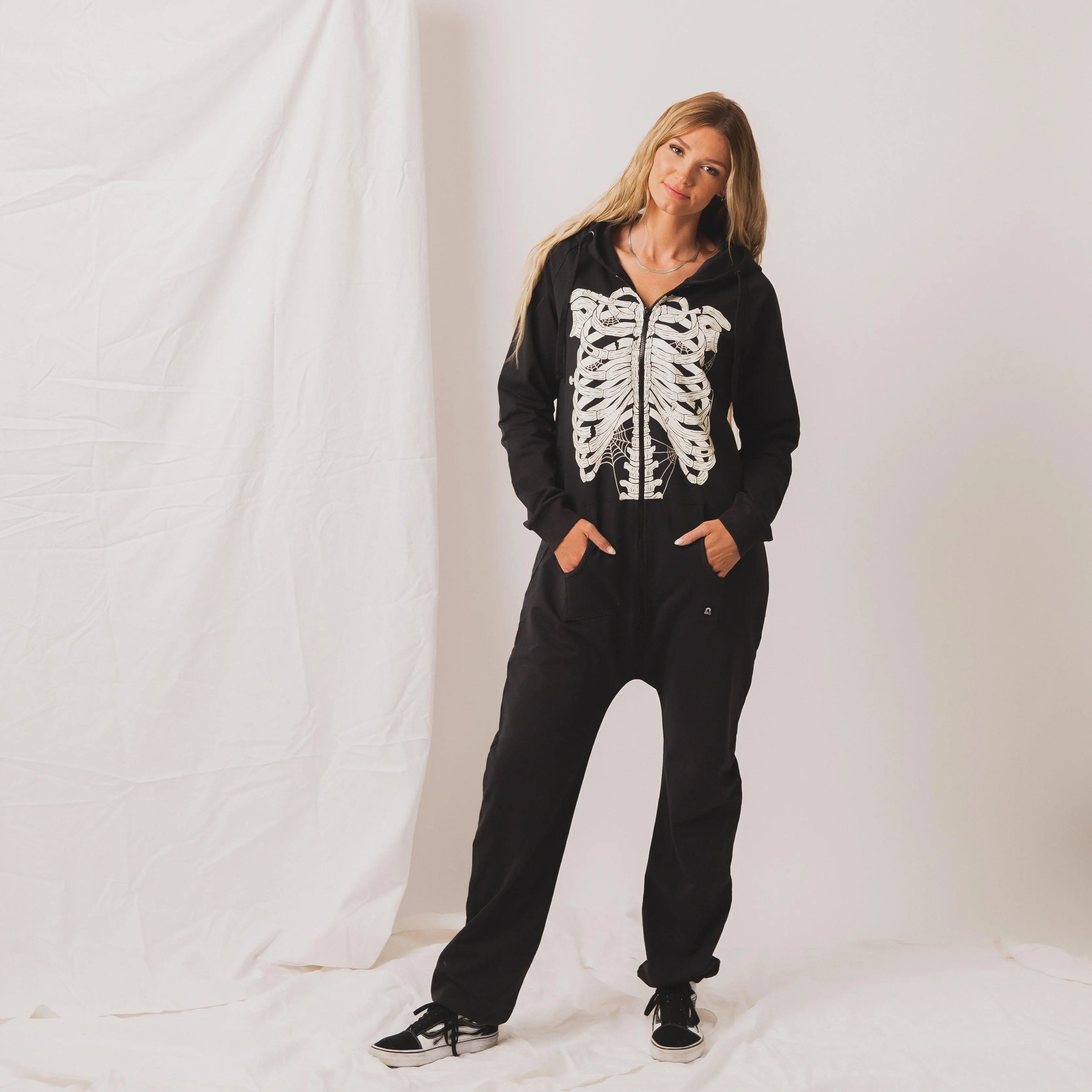 RAGS Women's Unisex Fit Oversized Zip Jumpsuit - Black Skelly Print, French Terry Fabric, Holiday Wear, Festive Look