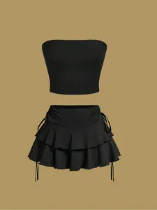 Women's Solid Crop Tube Top & Ruffle Trim Skirt Two-Piece Set, Elegant Fashion Casual Two Piece Outfits for Daily Outdoor Wear, Ladies Clothes for All Seasons