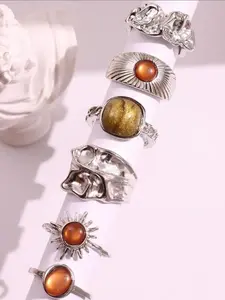 Women's Silver Color Boho Ring Set, Unique Rings, Stackable Rings, Elegant Floral Bow Design, Faux Pearl Heart Rhinestone Moon Star Geometric Cat Eye Stone Jewelry