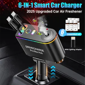 Upgrade 6-in-1 Retractable Car Charger with Car Air Aromatherapy Diffuser 66W Fast Charging Dual Type-C Cables Lightning Adapter USB-C Dual Ports Starlight Mood Light 6x10ML Perfumes Car Air Freshener for iPhone iPad AirPods Samsung Google Pixel LED