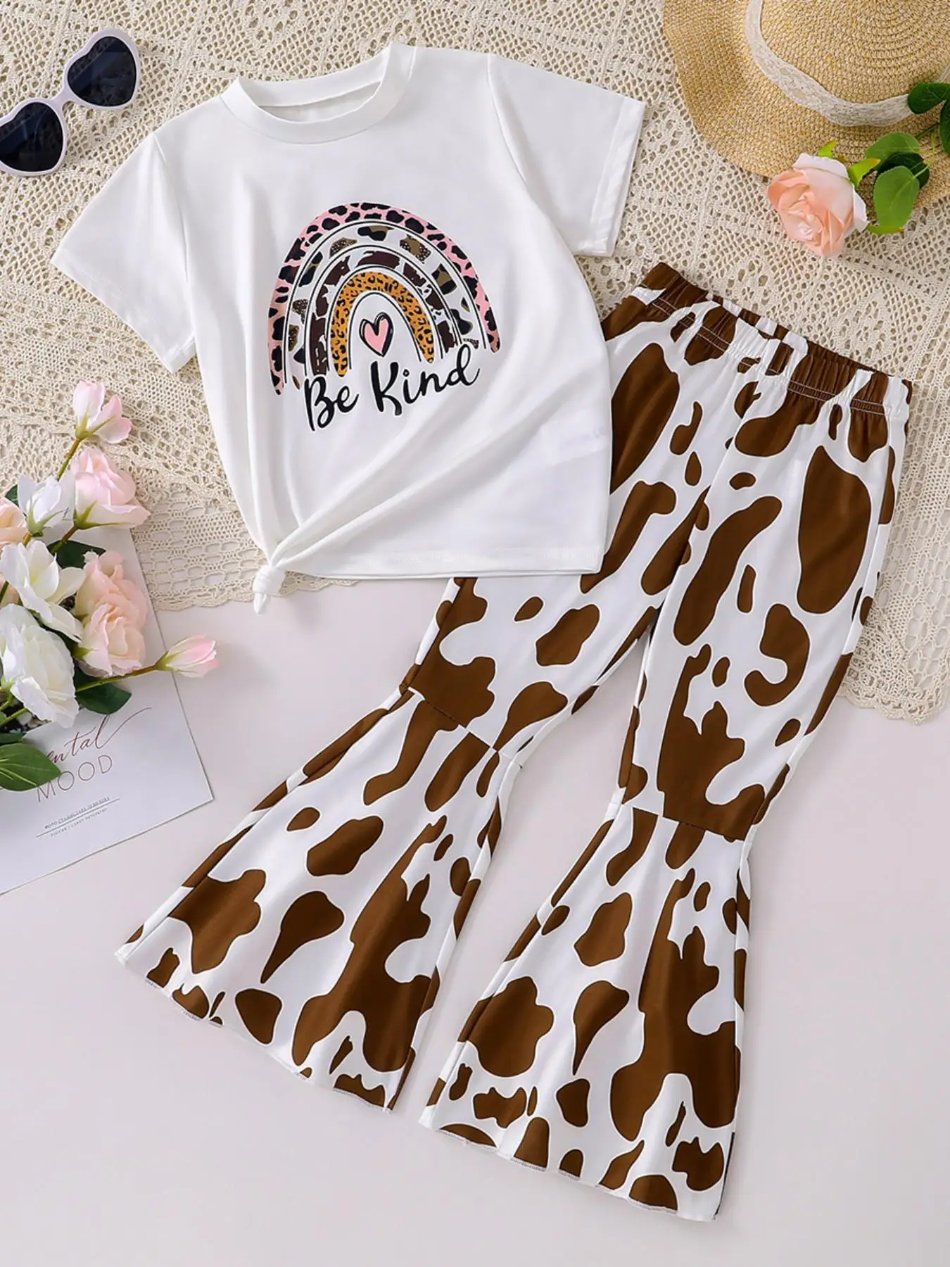 Two-Piece Set Girl's Letter Graphic Short Sleeve Tee & Cow Print Flare Leg Pants Set, Casual Round Neck T-Shirt & Elastic Waist Bell Bottom Trousers f