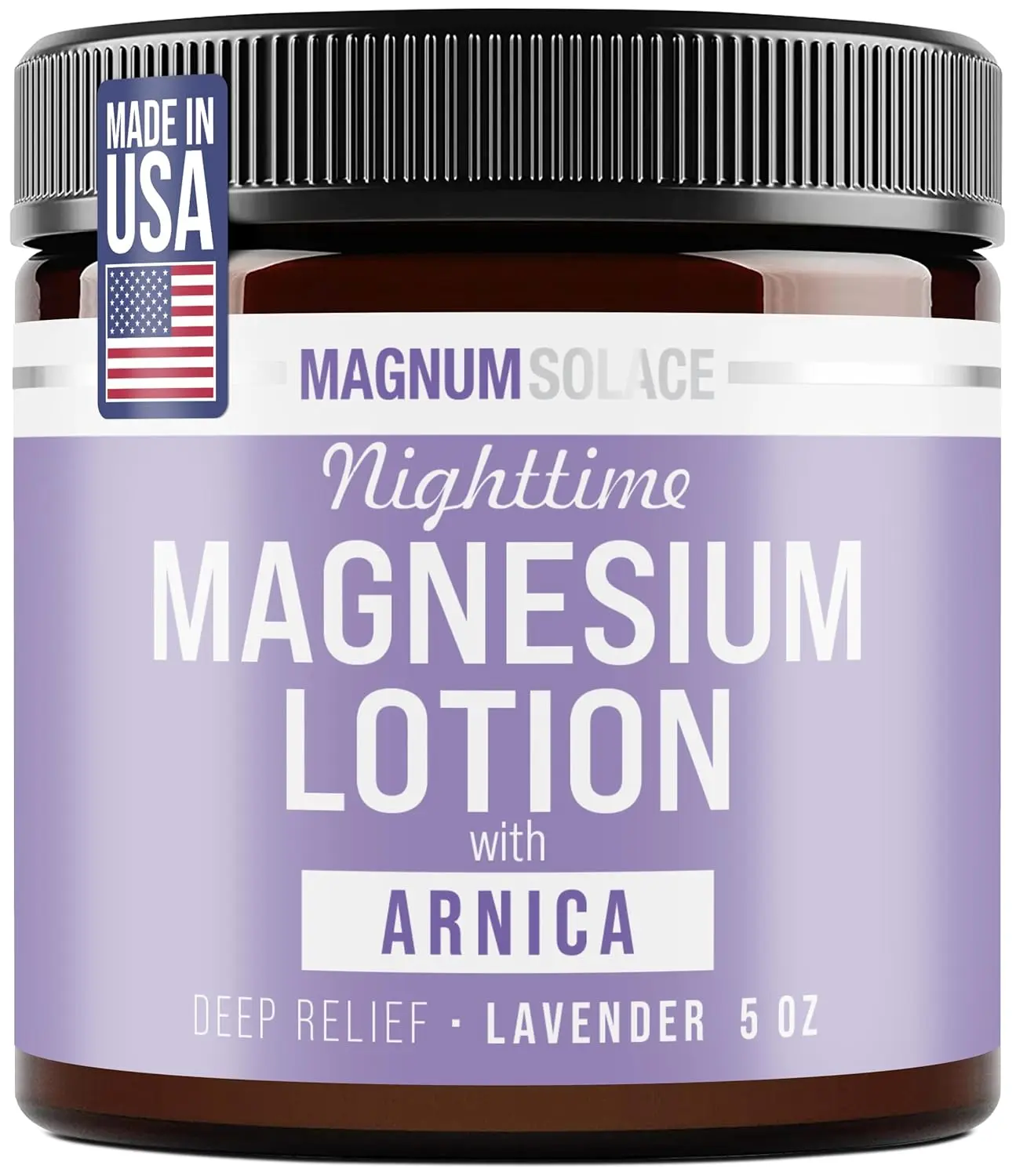 Magnesium Nighttime Body Care Cosmetic Lotion - Magnum Solace 5oz Lavender, Arnica-Infused Daily Moisturizing Hydrating Skincare, Moisturizers