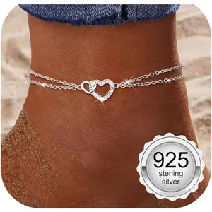 CASSIECA 925 Sterling Silver Anklets for Women Dainty CZ Parperclip Heart Layered Waterproof Silver Ankle Bracelets Adjustable Extra Large Anklet Beach Foot Jewellery