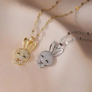 2PCS Bunny Necklaces for Women Zircon Rabbit Design Fashion Full Diamond Micro Inlaid Copper Electroplated Real Gold-plated Pendant Necklace