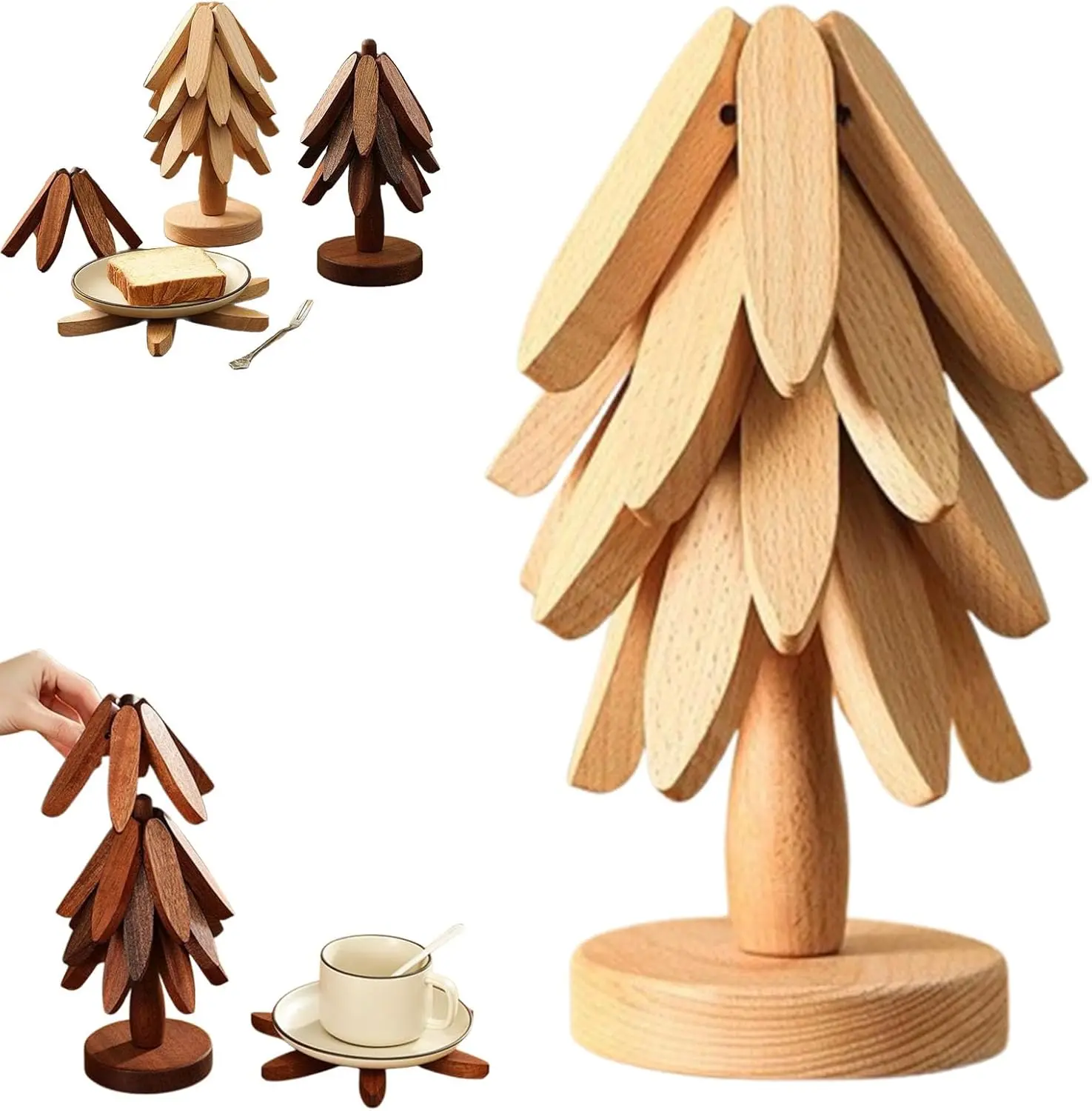 Natural Tree-Shaped Wooden Trivet Set - 4 Trivets & 1 Stand, Heat-Resistant Foldable, High-Density Durable Solid Wood, Decorative Kitchenware Coasters for Hot Dishes, Multi-Functional, Special Texture, Christmas Tableware Gift, Decorative Trivet